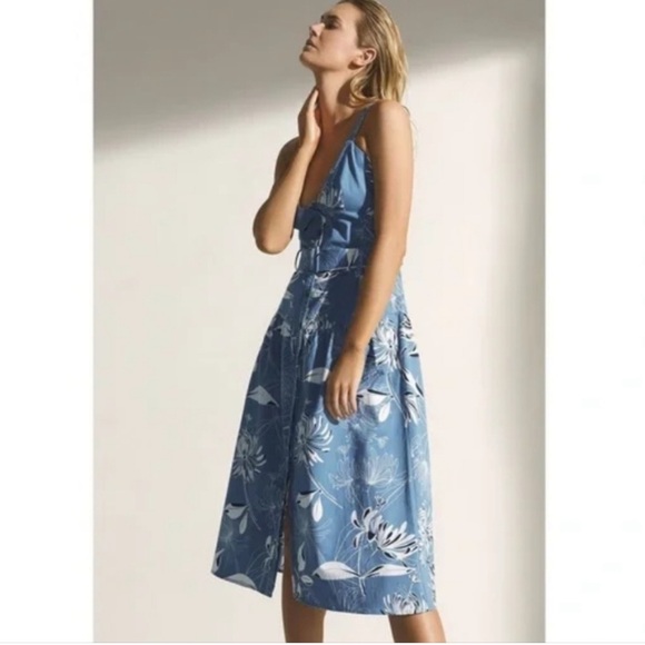 REISS NOAH BELTED FLORAL BLUE DRESS SIZE 4 - Picture 3 of 5